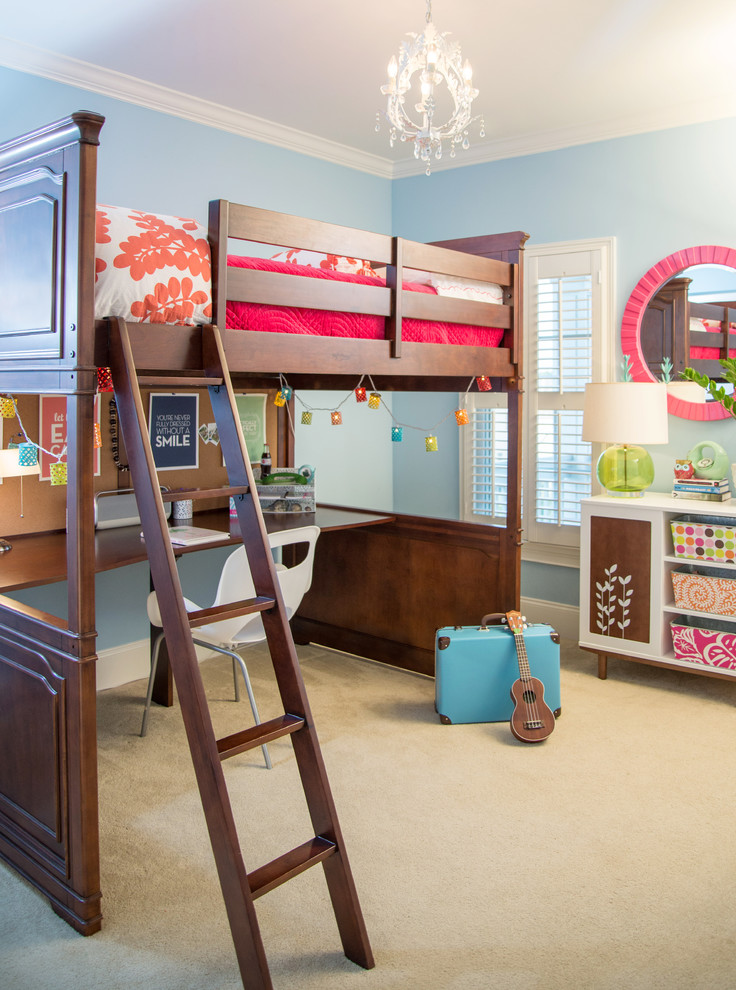 Bunk Bed with Desk Kids Transitional with Bean Bag Beanbag Blue