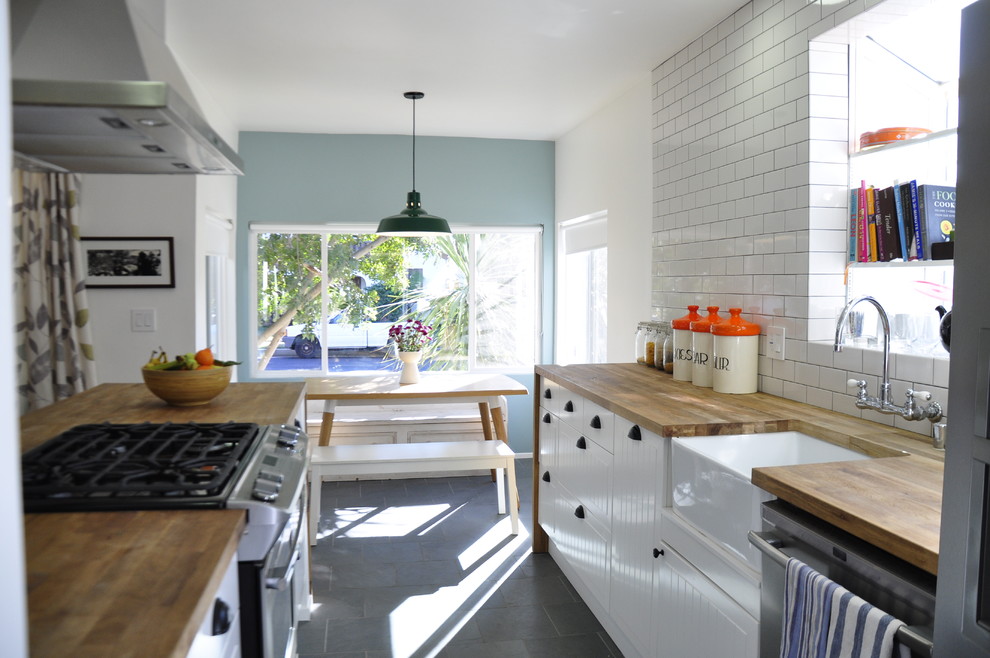 Butcher Block Counter Kitchen Contemporary with Black Cup Pulls Black