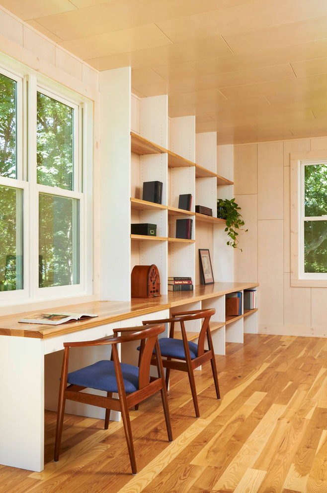 Butcher Block Desk Home Office Modern with Bentwood Chairs Workspace Bookcase
