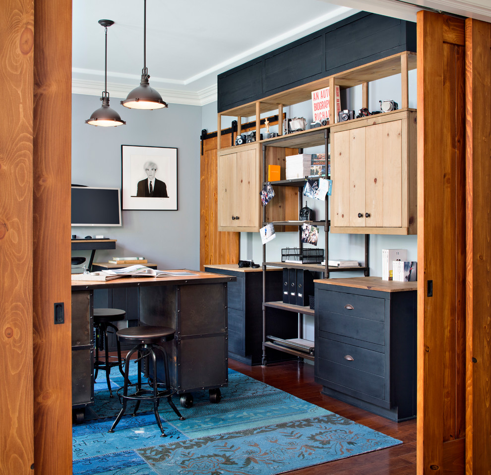 Bypass Barn Door Home Office Industrial with Black Drawers Blue Carpet