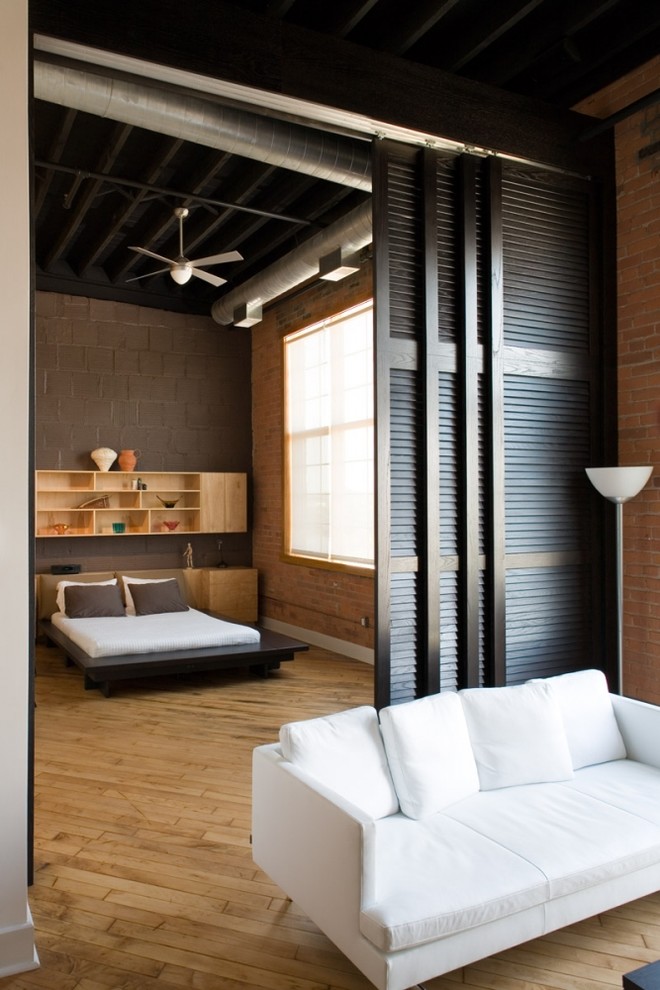 Bypass Shutters for Sliding Glass Doors Bedroom Rustic with Bed Brick Wall Ceiling