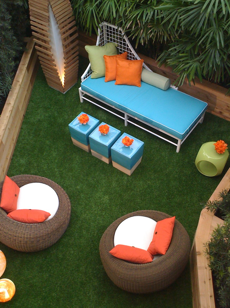 Cafe Table and Chairs Patio Contemporary with Artificial Turf Bold Colors