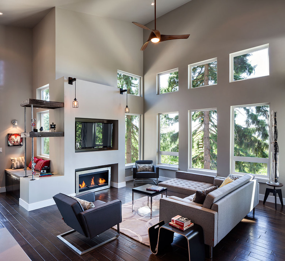Caged Ceiling Fan Living Room Contemporary with Barn Wood Bio Ethanol Birch
