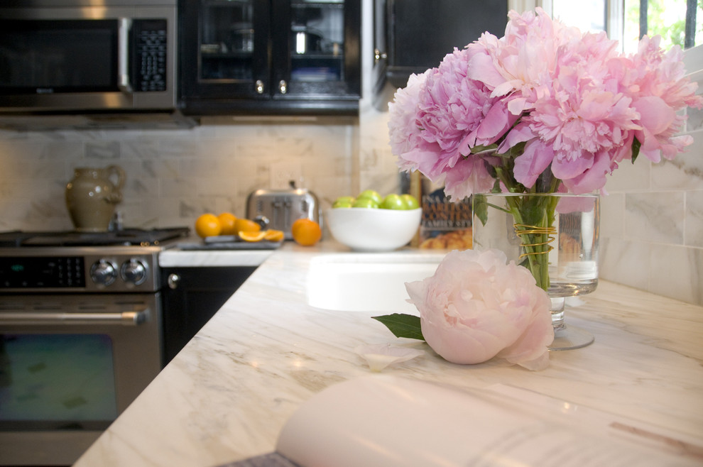 Calacatta Marble Countertops Kitchen Transitional with Black and White Floor