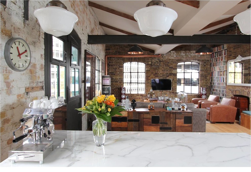 Calacatta Oro Marble Living Room Industrial with Bare Brick Walls Character