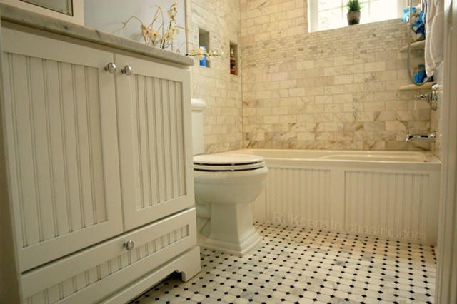 Calcutta Marble Tile Bathroom Traditional with Beadboard Deco Row Drop