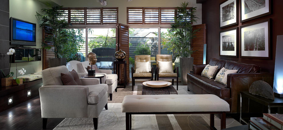 Candice Olson Designs Living Room Contemporary with Bifold Shutters Brown Leather