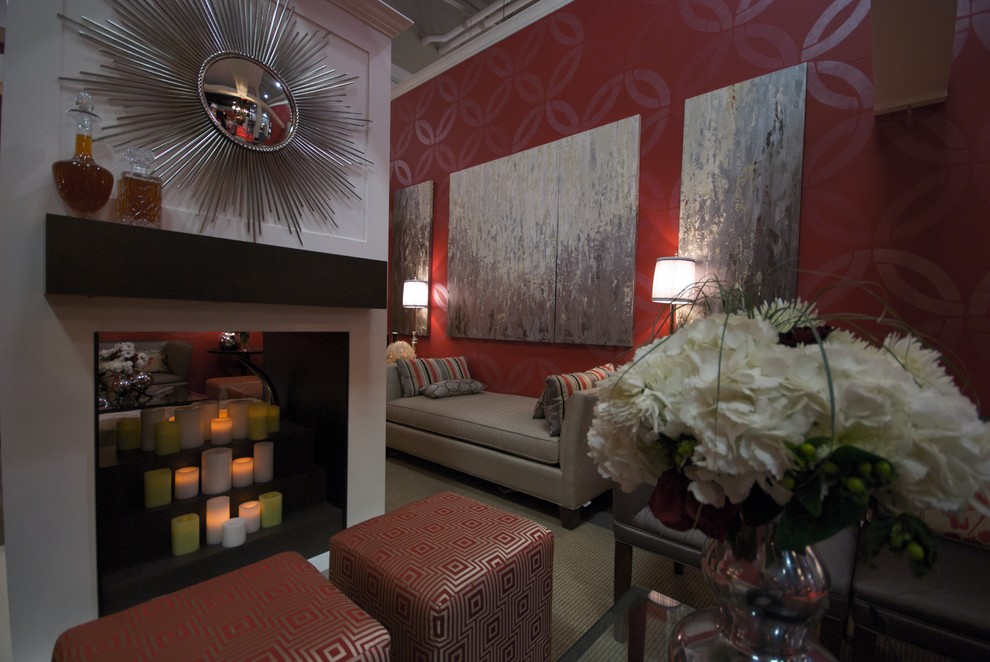 Candles in a Fireplace Family Room with Bold Design Show Faux