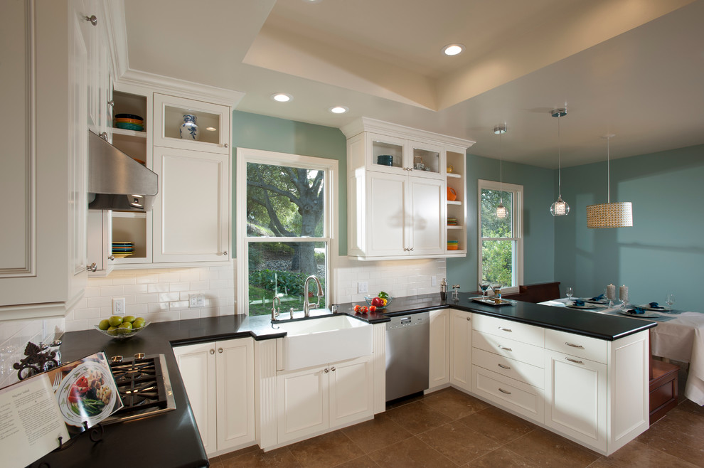 Carrara Marble Backsplash Kitchen Traditional with Black Counter Black Countertop