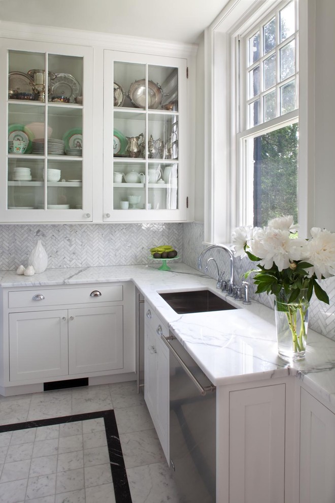 Carrara Marble Backsplash Kitchen Traditional with Cake Stand Double Hung