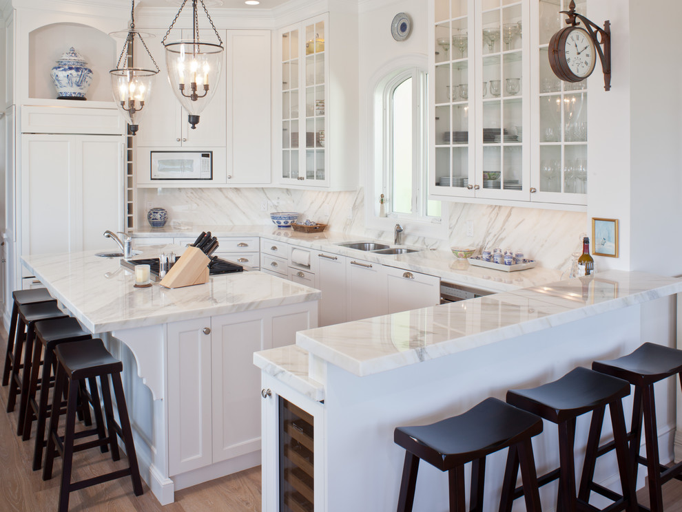 Carrara Marble Kitchen Kitchen Traditional with Bell Pendants Breakfast Bar