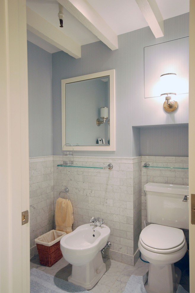 carrara marble subway tile Bathroom Contemporary with bathroom mirror bidet blue