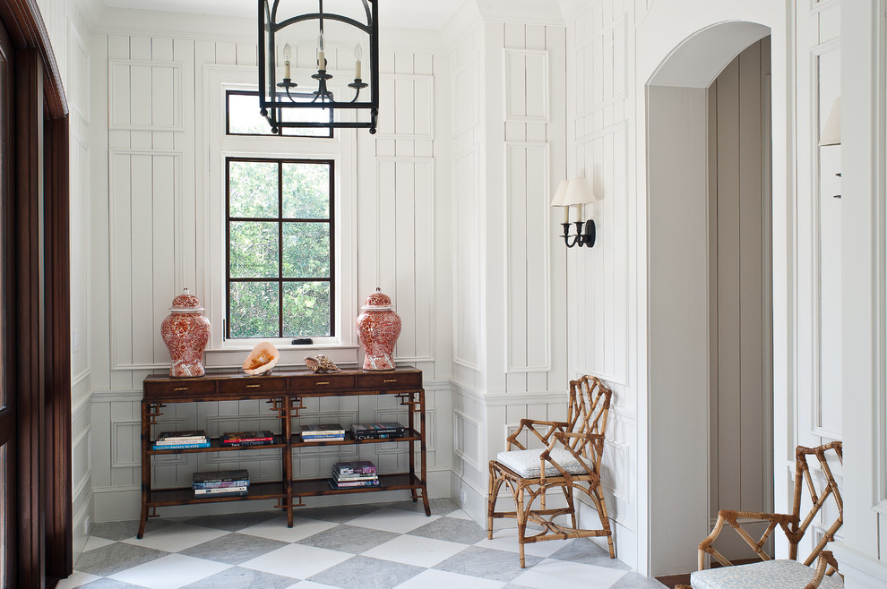 Carrara Marble Vanity Top Entry Tropical with Arched Doorway Bead Board