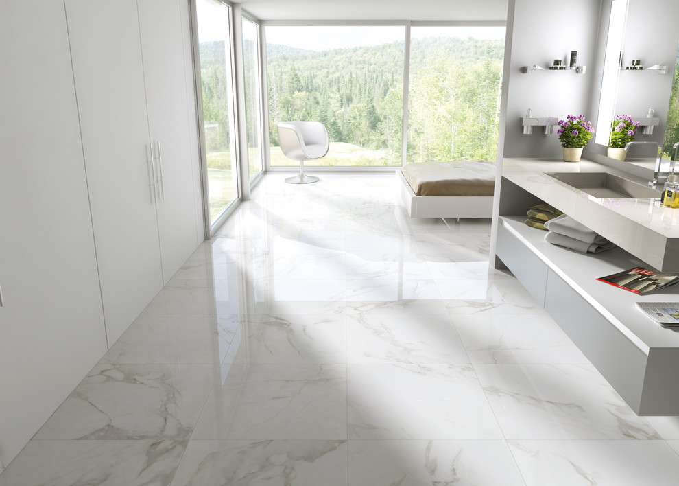Carrara Porcelain Tile Bathroom with None 