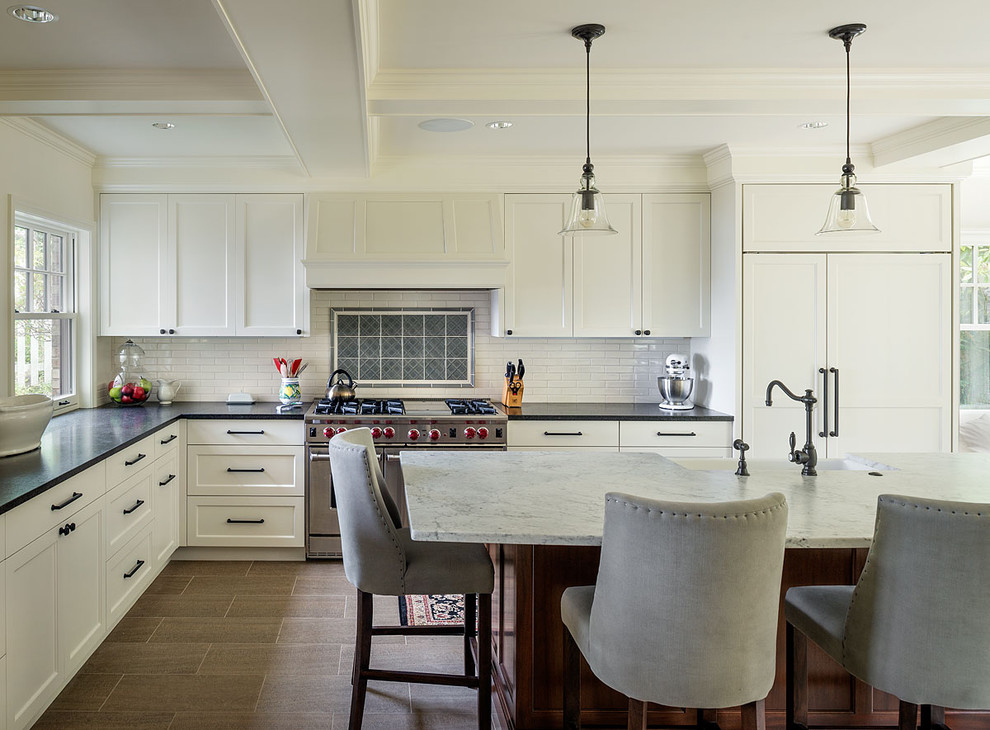 Carrera Marble Countertops Kitchen Traditional with Apron Sink Barrel Stools