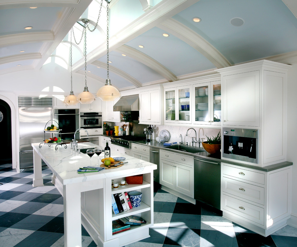 Carrera Marble Countertops Kitchen Traditional with Built in Bookshelf Carrera