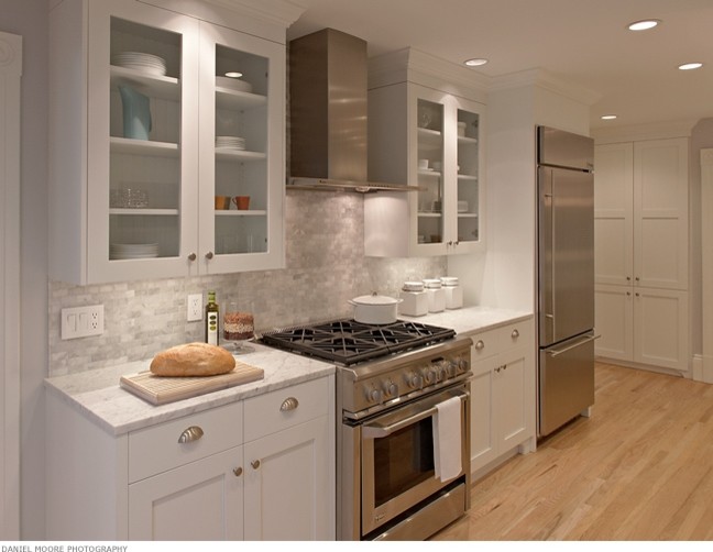 Carrera Marble Kitchen Kitchen Contemporary with Cooktops Glass Cabinets Kitchen