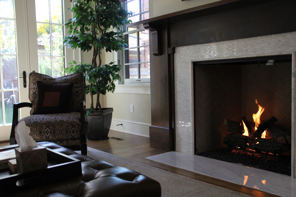 Carrera Subway Tile Living Room Traditional with Fireplace Mantels Millwork 