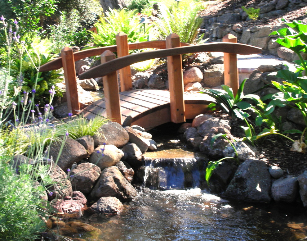 Cast Iron Fire Pit Landscape Traditional with Backyard Waterfall Bridge Natural