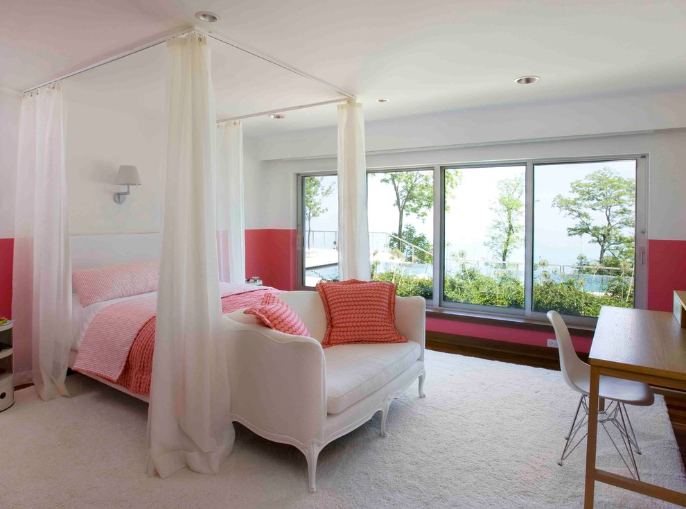 Ceiling Curtain Track Bedroom Eclectic with Bedding Bench Canopy Carpeting