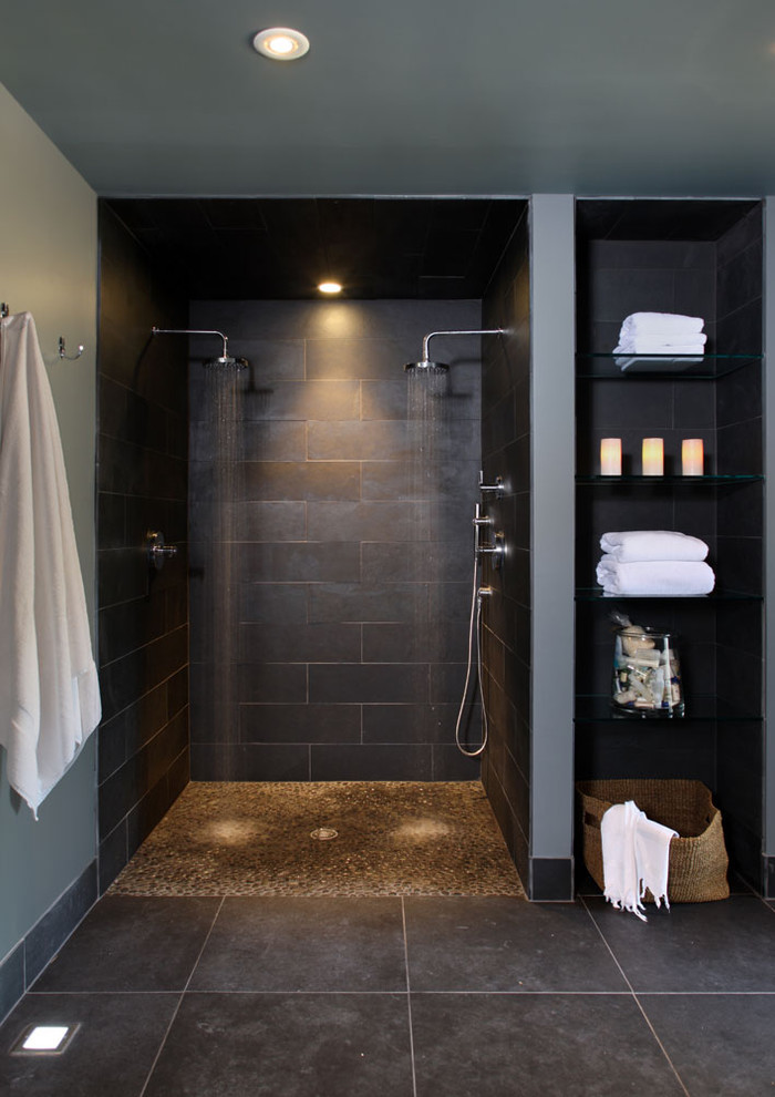 Ceramic Shower Base Bathroom Contemporary with Baseboards Gray Walls Open