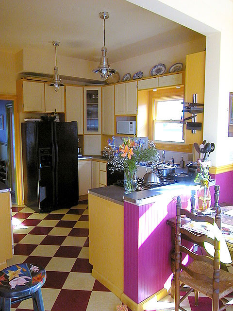 Ceramic Tile Backsplash Kitchen Farmhouse with Cabinets Chair Chrome Colorful