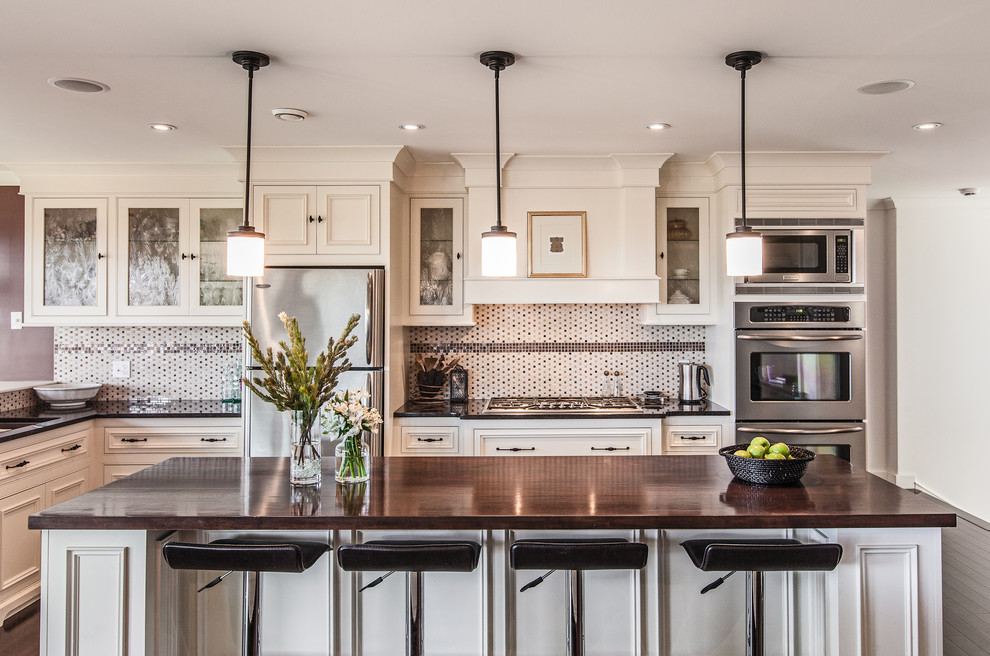 Ceramic Tile Backsplash Kitchen Transitional with Barstools Glass Tiles Granite