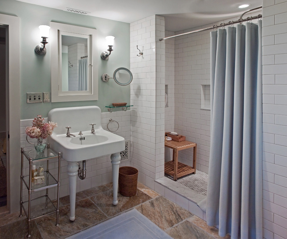Ceramic Tile Shower Bathroom Traditional with Alcove Area Rug Console1