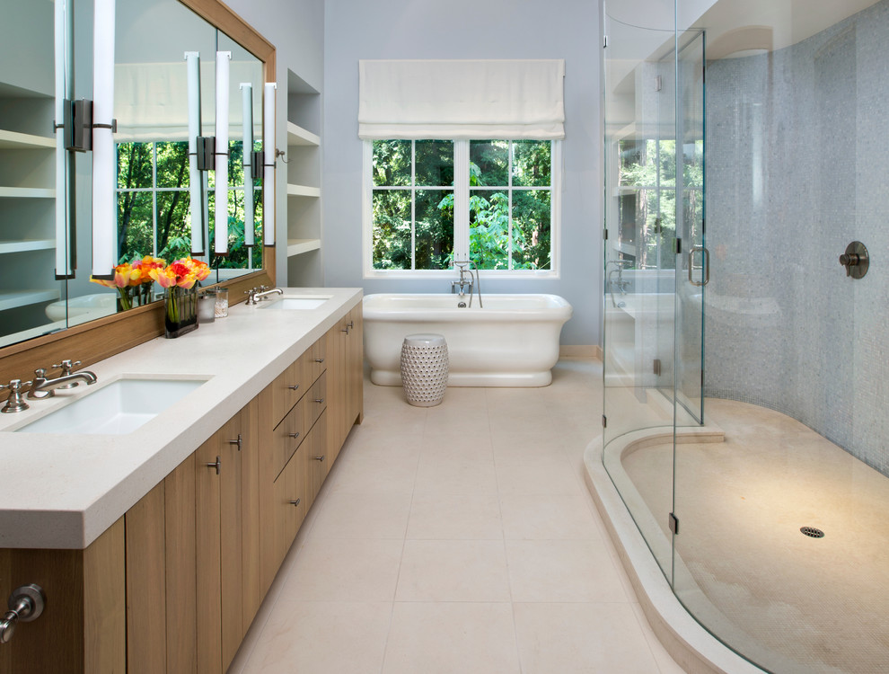 Ceramic Tile Shower Bathroom Transitional with Bathroom Lighting Bathroom Shelves1