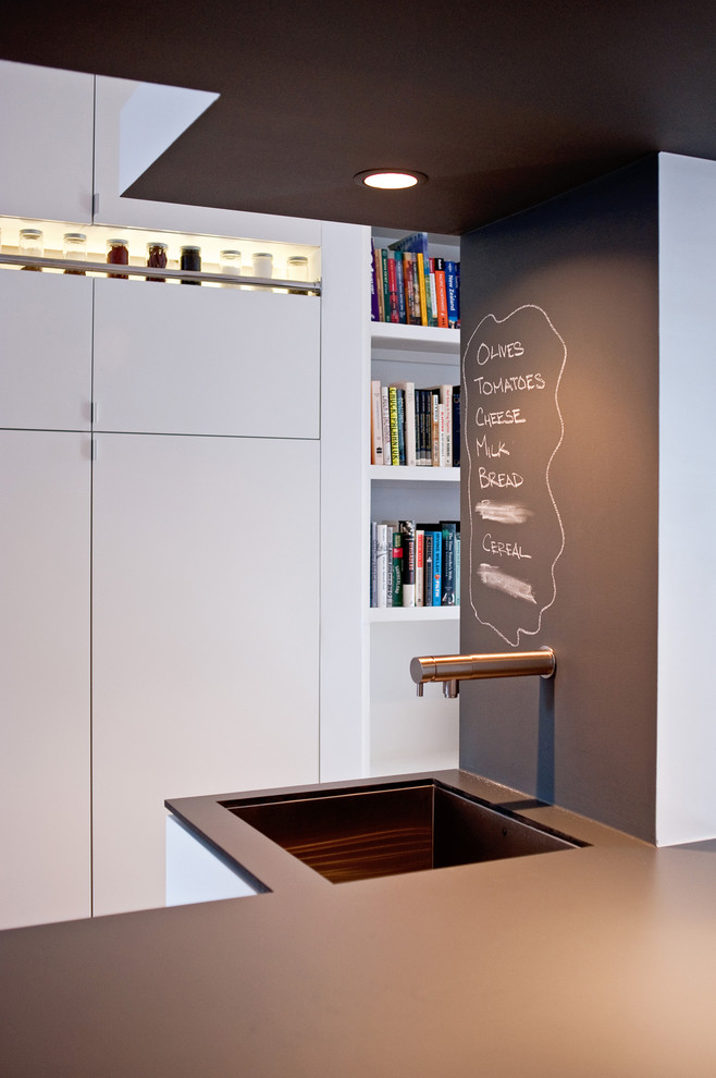 Chalkboard Room Divider Kitchen Contemporary with Black Countertops Bookshelves Chalkboard