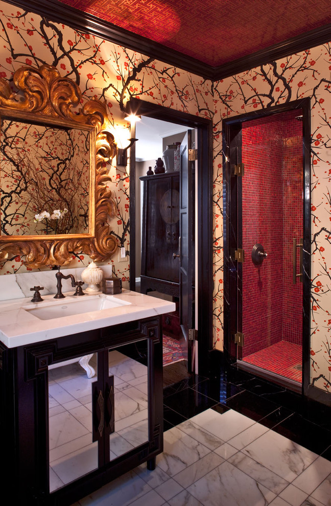 Cherry Blossom Wallpaper Bathroom Eclectic with Bathroom Mirror Black Doors