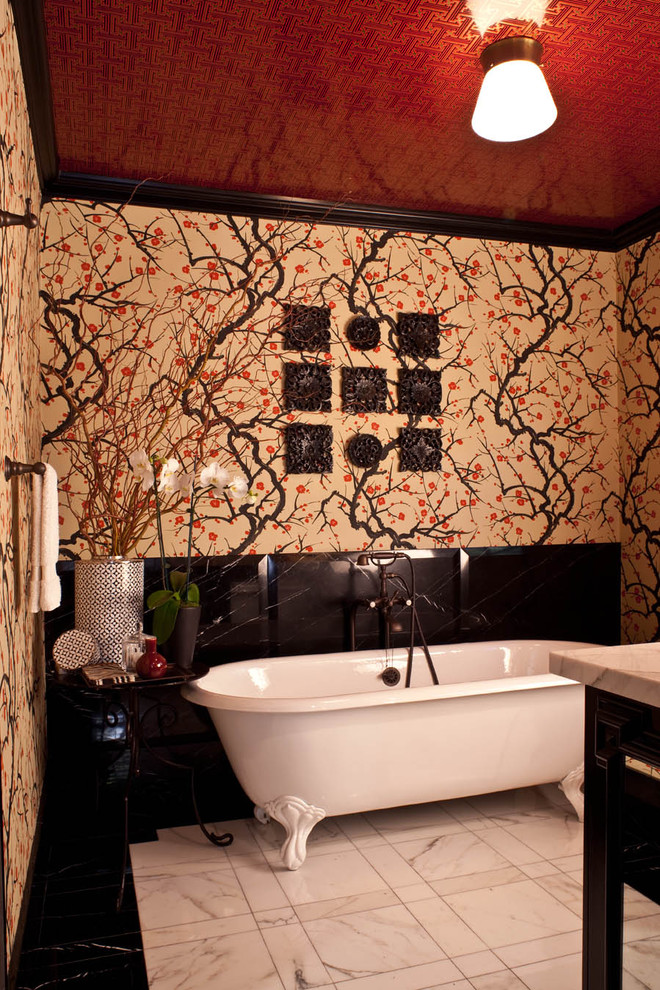 Cherry Blossom Wallpaper Bathroom Transitional with Black Wood Ceiling Lighting