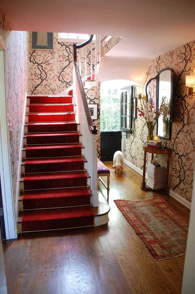 Cherry Blossom Wallpaper Staircase Traditional with Area Rug Banister Console