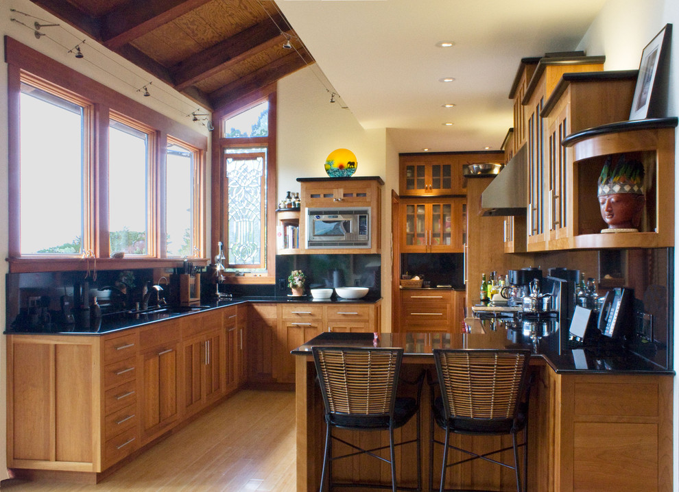 Cherry Shaker Cabinets Kitchen Contemporary with Beams Black Counters Counter