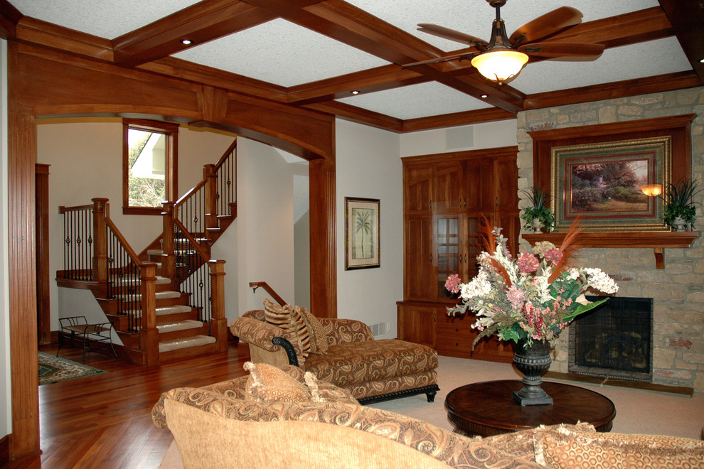 Cherry Wood Kitchen Cabinets Family Room Rustic with Arched Doorways Area Rug1