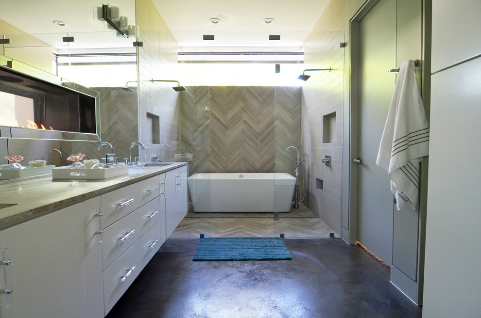 Chevron Tile Pattern Bathroom Contemporary with Bath Cement Floor Clerestory