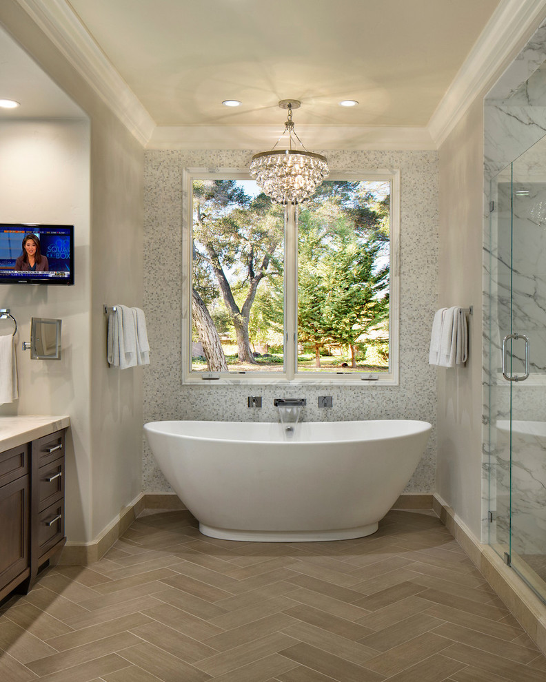 Chevron Tile Pattern Bathroom Traditional with Antique Mirror Barn Doors