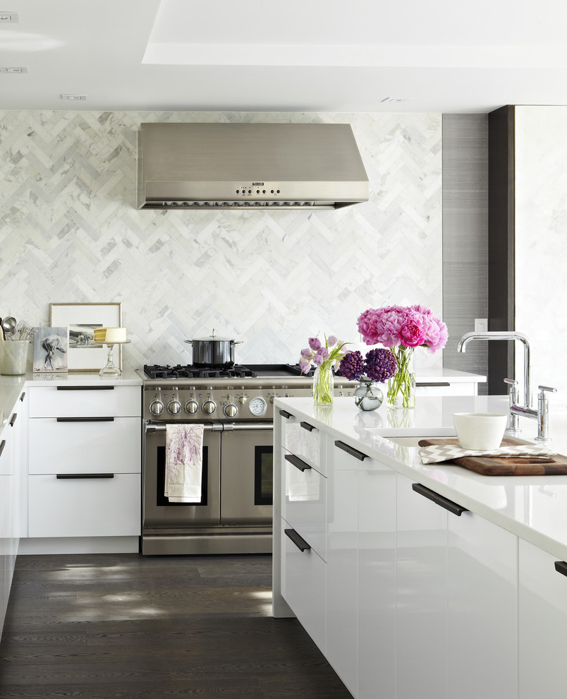Chevron Tile Pattern Kitchen Contemporary with Backsplash Ceiling Lighting Dark