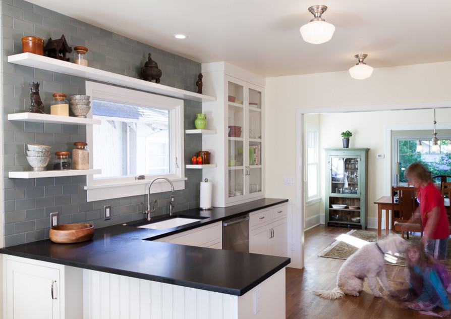 China Cabinet Display Kitchen Transitional with Black Countertops Built in Hutch