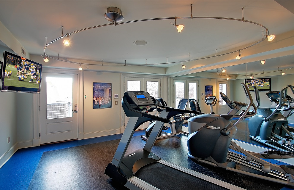 Circular Track Lighting Home Gym Contemporary with Black Floor Blue Floor