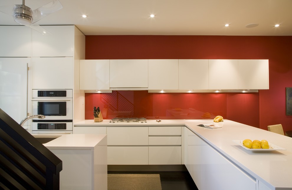 Clear Glass Backsplash Kitchen Modern with Dark Stained Floor Minimal