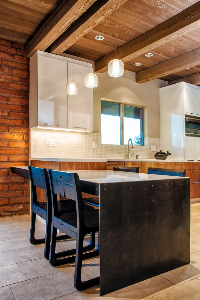 Clear Glass Backsplash Kitchen Southwestern with Braick Walls Breakfast Counter