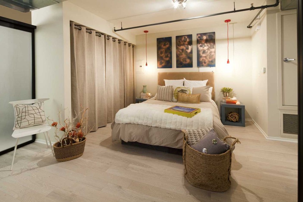 Closet Door Ideas Bedroom Eclectic with Bare Bulb Pendant Bed