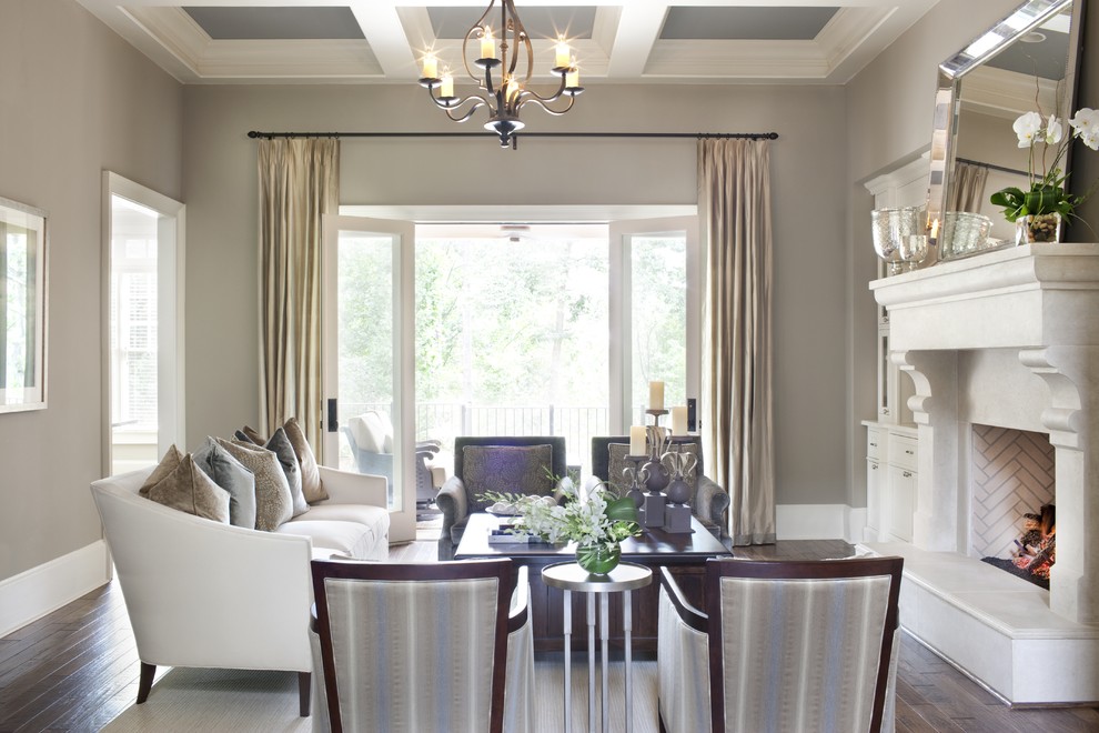Coastal Kitchen Decor Living Room Traditional with Baseboards Chandelier Coffered Ceiling