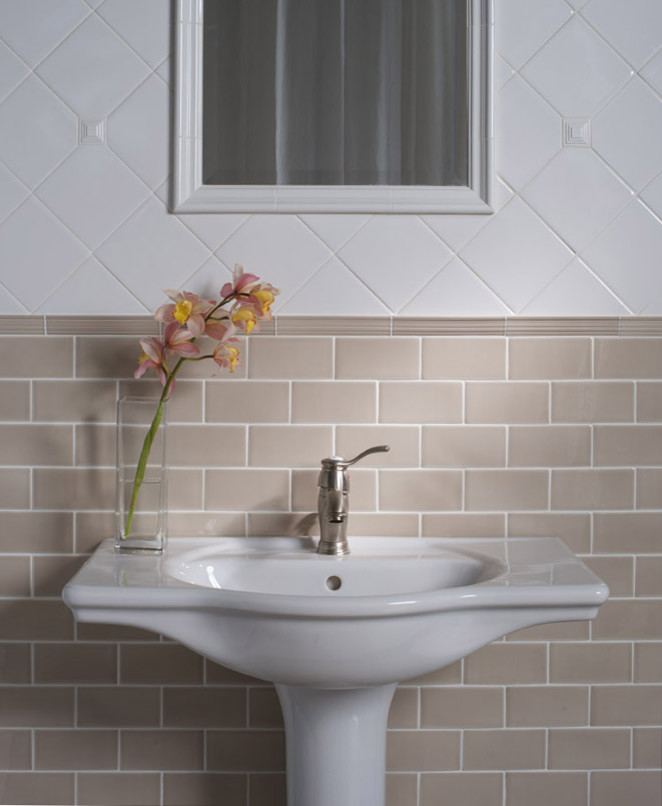Colored Subway Tile Bathroom Traditional with Ashbury Beige Brick Diamond