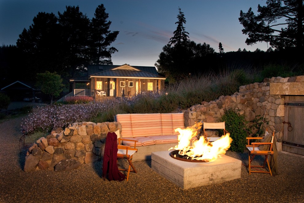 Concrete Fire Pit Patio Farmhouse with Board Formed Concrete Built in Bench