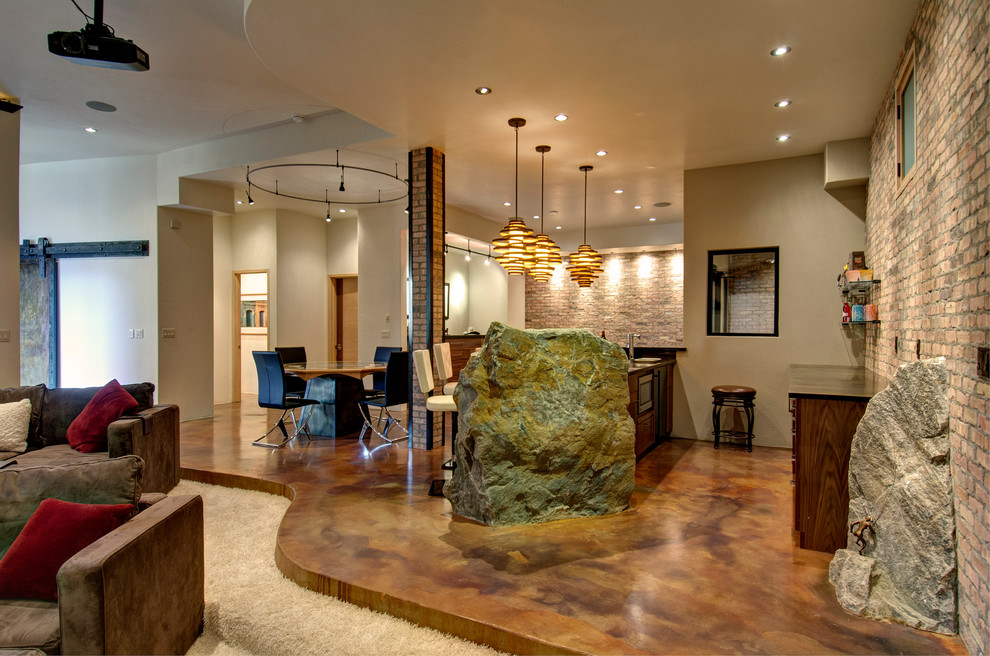 Concrete Floors for Homes Basement Contemporary with Boulders Brick Wall Ceiling