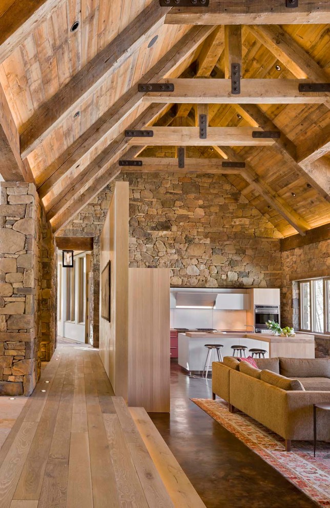 Concrete Floors in Homes Living Room Rustic with Aspen Barn Beam Bulthaup