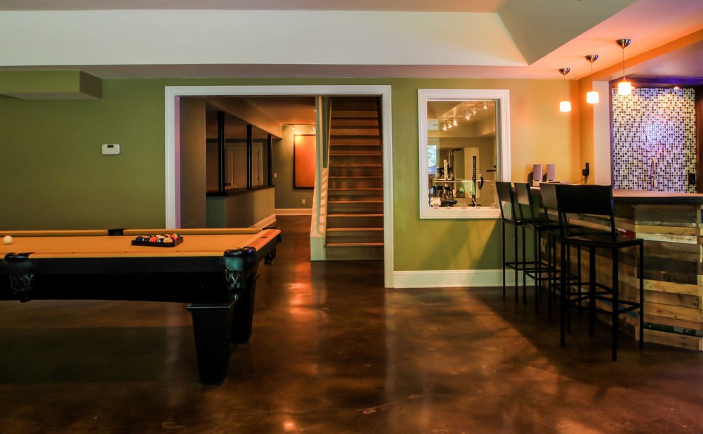 Concrete Stained Floors Basement Contemporary with Bar Glass Tile Wall