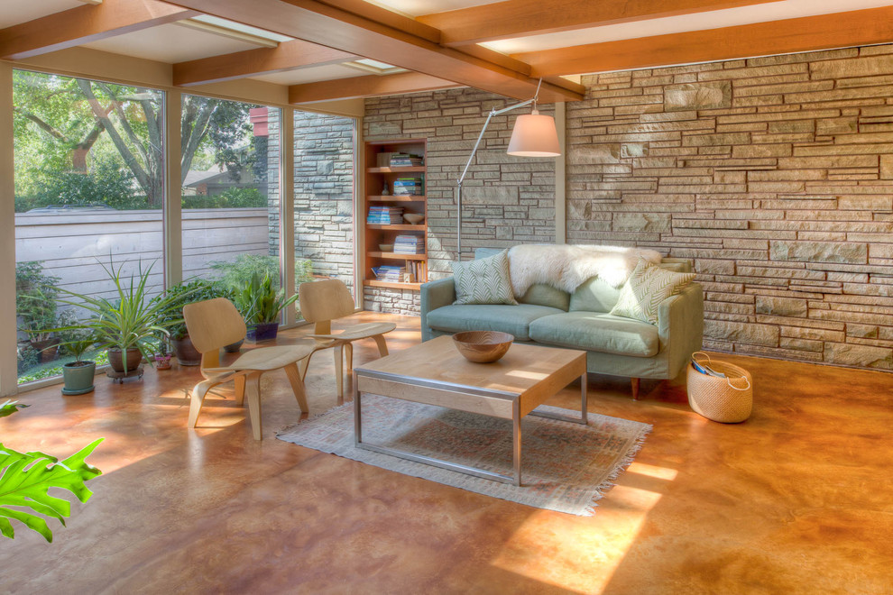 Concrete Stained Floors Family Room Midcentury with Basket Built in Shelves Ceiling